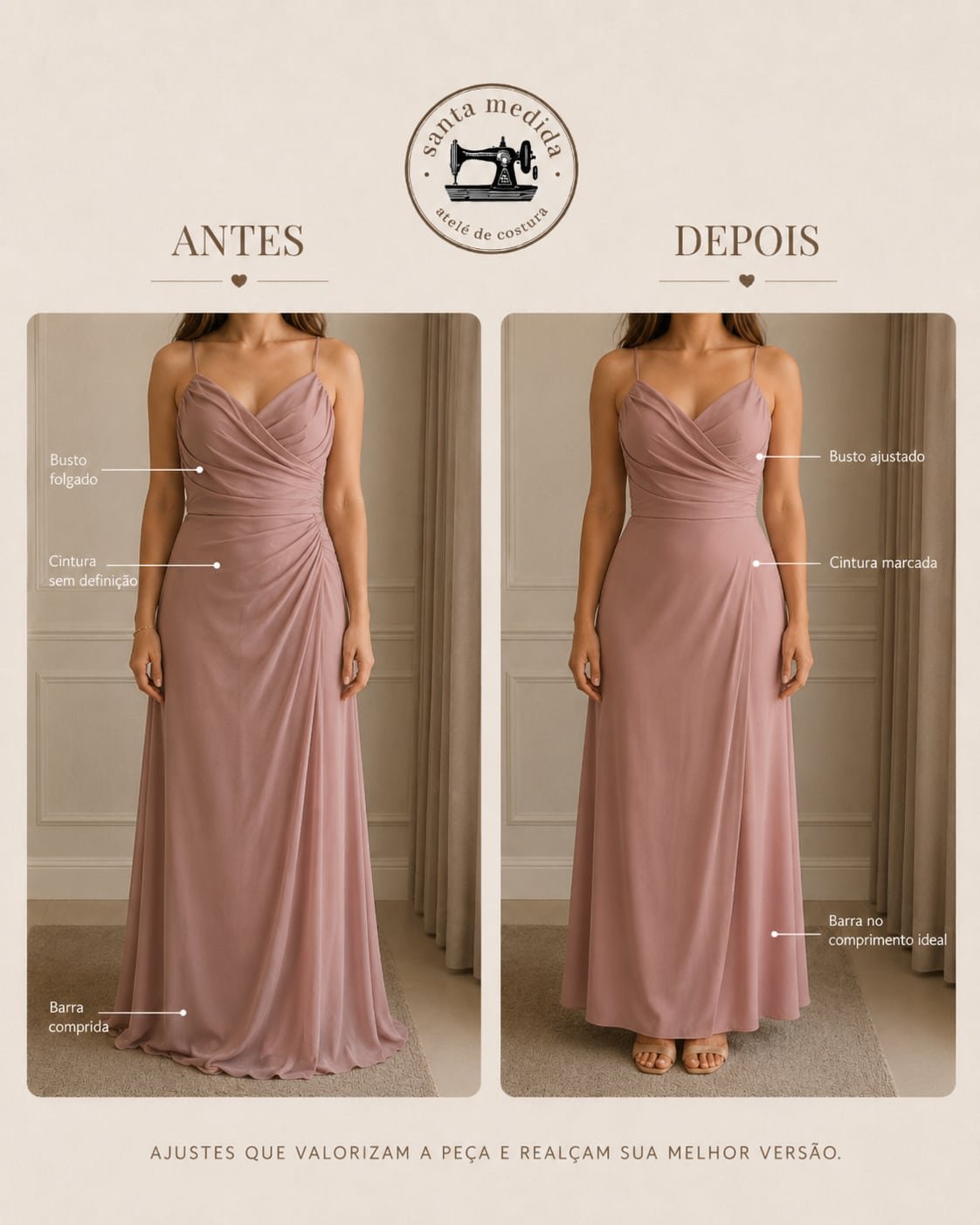 Antes e depois do ajuste de um vestido longo rosé: busto, cintura e barra